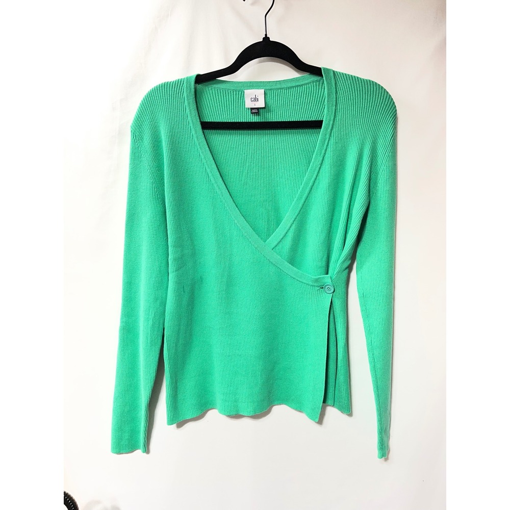 Cabi Women Green Ribbed Wrap‎ Front V-Neck Long Sleeve Button Sweater Size S